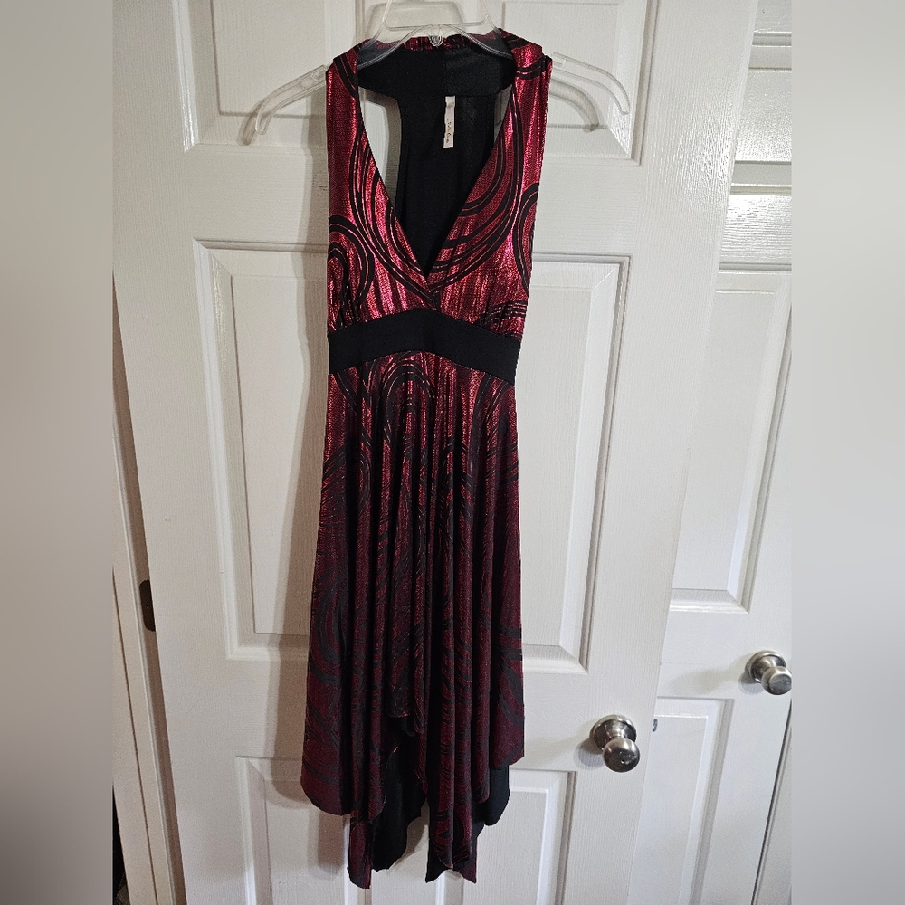 Dulce Carola Womens Large Dress Metallic Red Black Swirl Halter Iconic Goth Rave - Picture 3 of 8